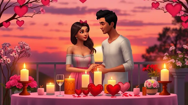 Pareja romántica al atardecer con detalles