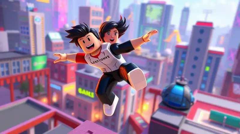 Avatar de Roblox haciendo parkour en ciudad