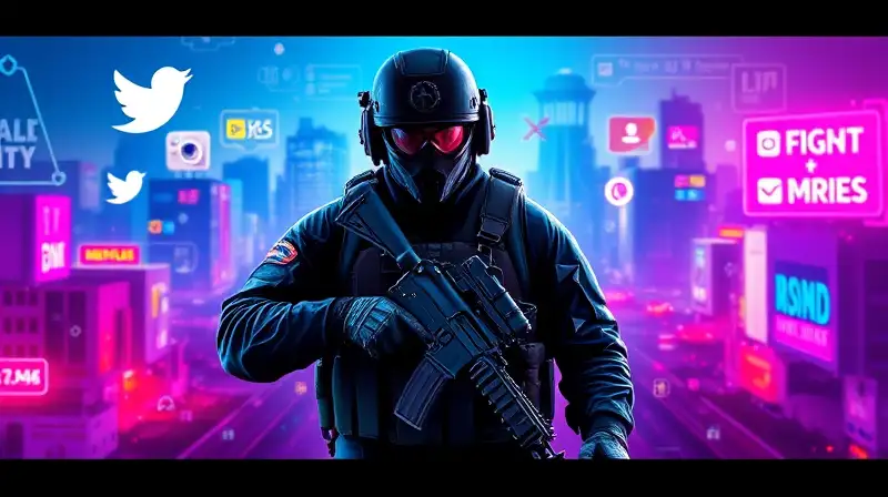 Soldado digital y marketing en ciudad futurista