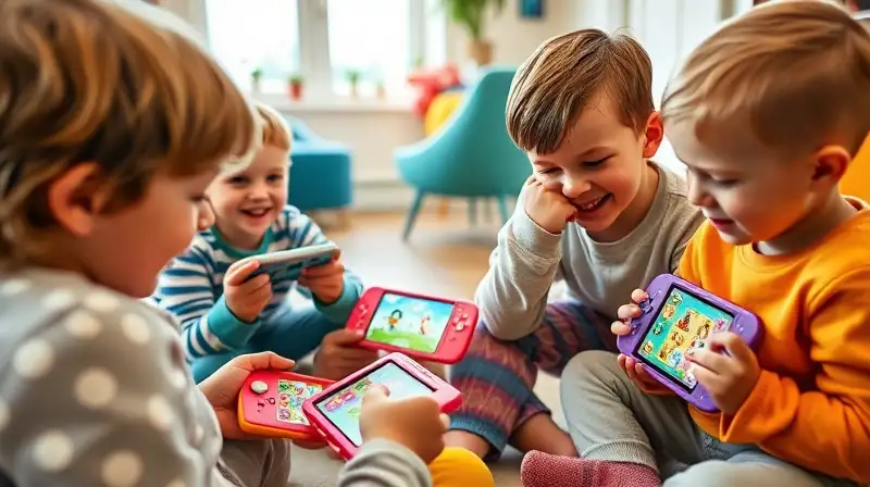 Niños felices jugando con consolas coloridas