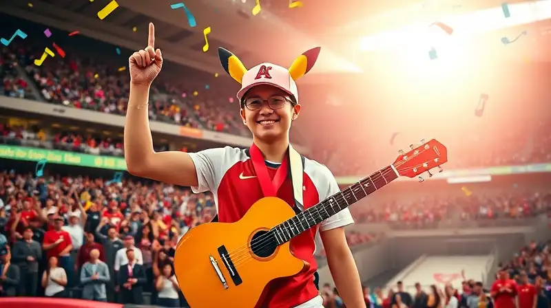 Entrenador Pokémon victorioso celebra con medalla
