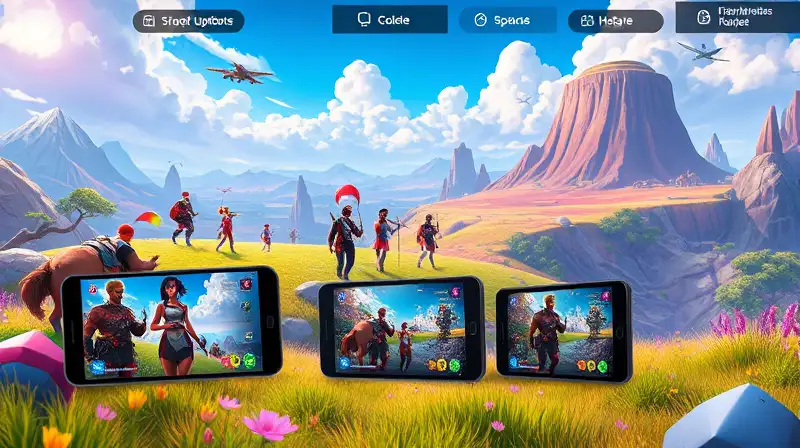 Interfaz futurista con personajes explorando paisajes vibrantes