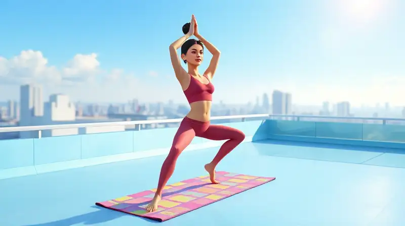 Personaje de Sims haciendo yoga en azotea