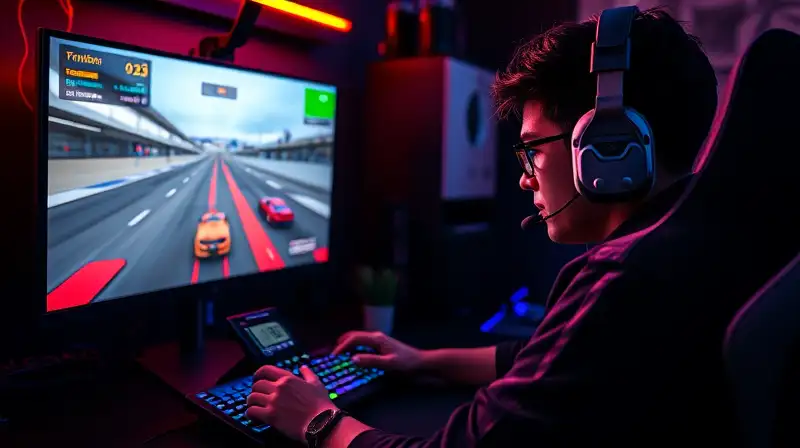 Gamer concentrado compitiendo en simulador veloz