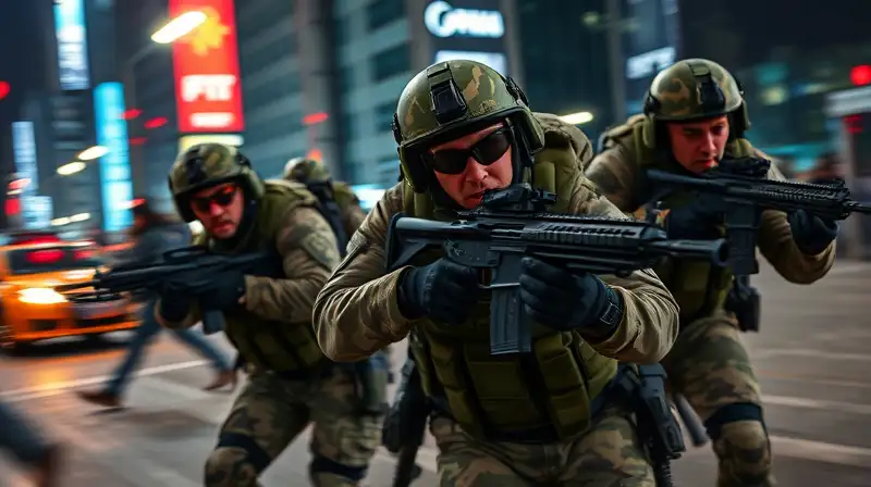 Soldados rápidos con armas tácticas modernas