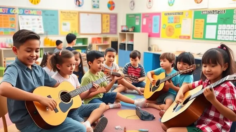 Niños tocando instrumentos acústicos felices
