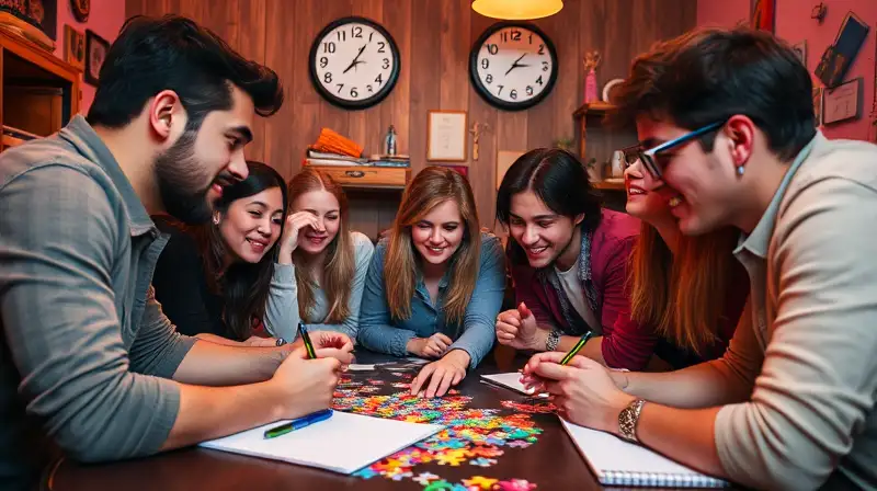 Personas colaboran en escape room creativo