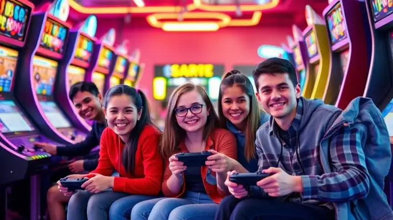 Jugadores diversos disfrutan arcade inclusiva y alegre