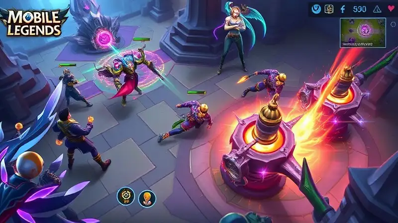 Batalla intensa en Mobile Legends, destruyendo inhibidores