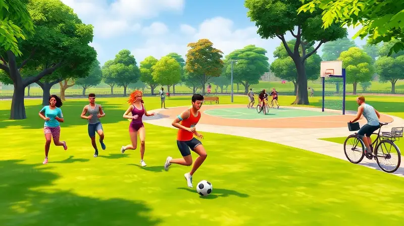 Personajes Sims en parque deportivo soleado