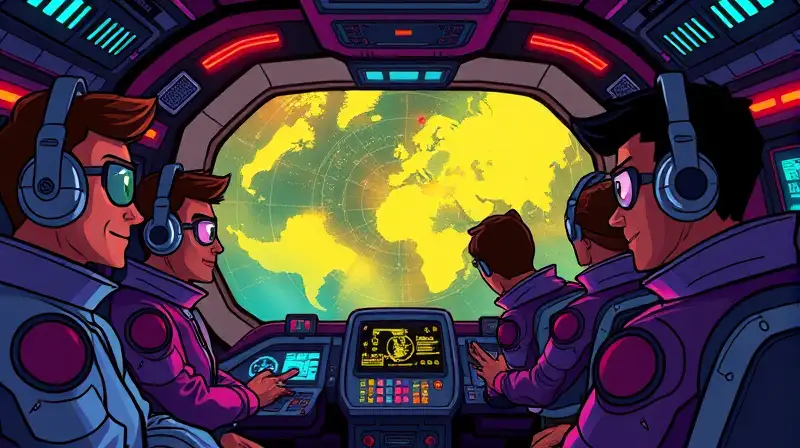 Tripulantes en nave futurista con radar