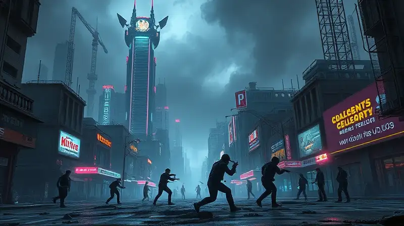 Ruinas futuristas con peleas y neón