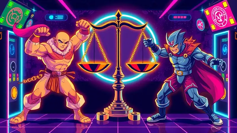 Personajes arcade neon con balanza retro