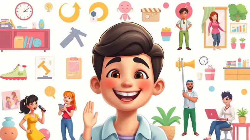 Personaje alegre con íconos vibrantes coloridos