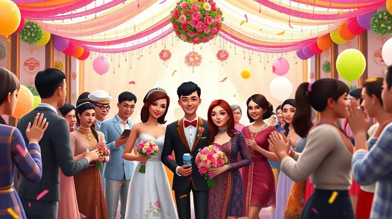 Personajes de Sims celebran boda festiva alegre