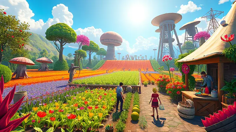 Granja colorida en mundo fantástico de supervivencia