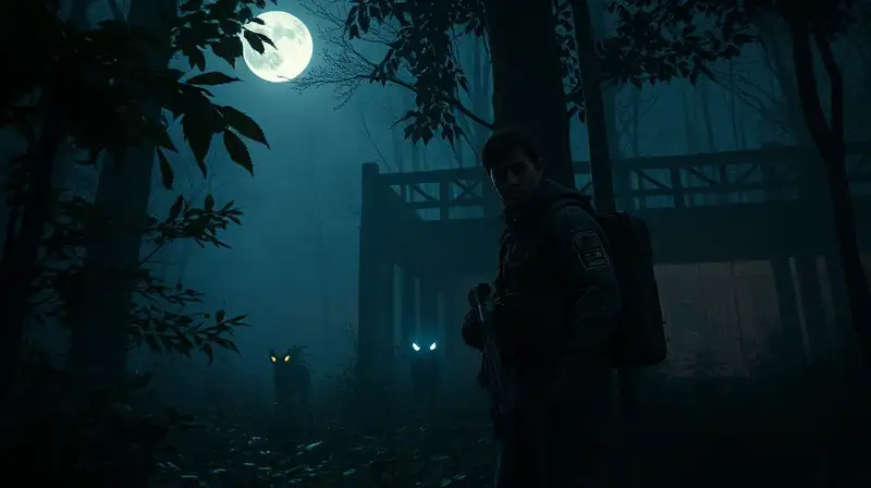 Superviviente sigiloso en bosque nocturno oscuro