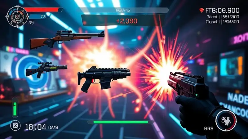 Pantalla futurista muestra armas y estadísticas