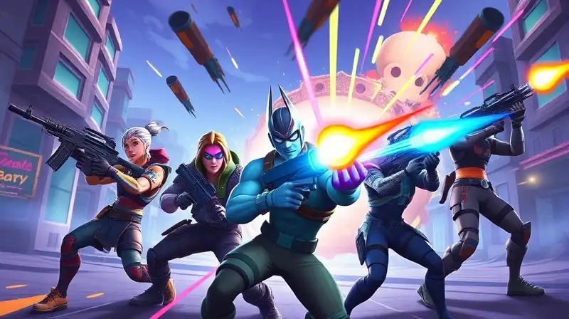 Personajes Fortnite en batalla vibrante futurista