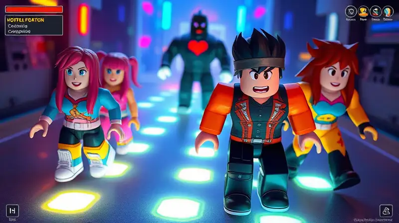Personajes de Roblox en ambiente futurista vibrante