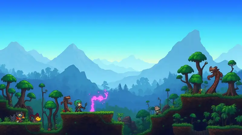 Paisaje pixelado vibrante con acción fantástica