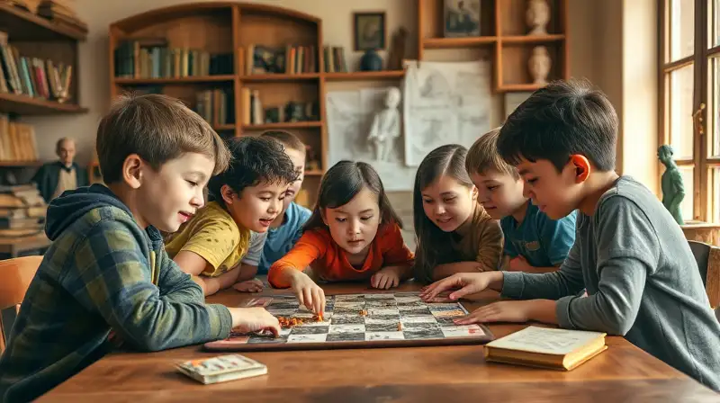 Niños juegan junto a figuras históricas fantasmas