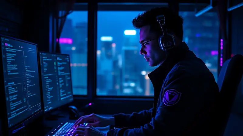 Hacker futurista con tecnología avanzada y luces