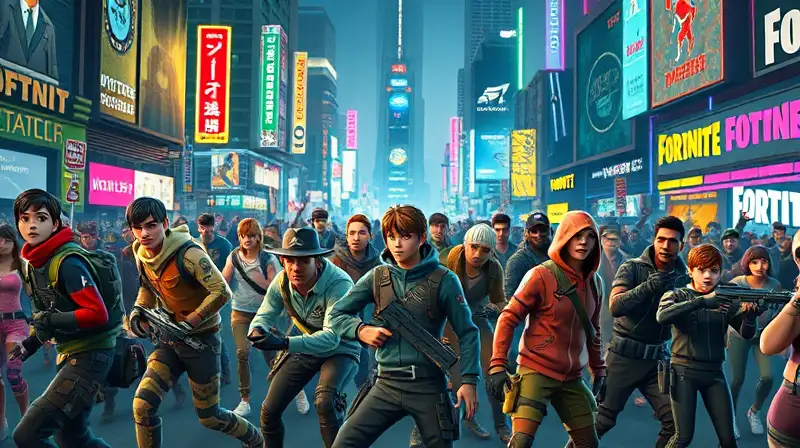 Personajes de Fortnite en ciudad vibrante