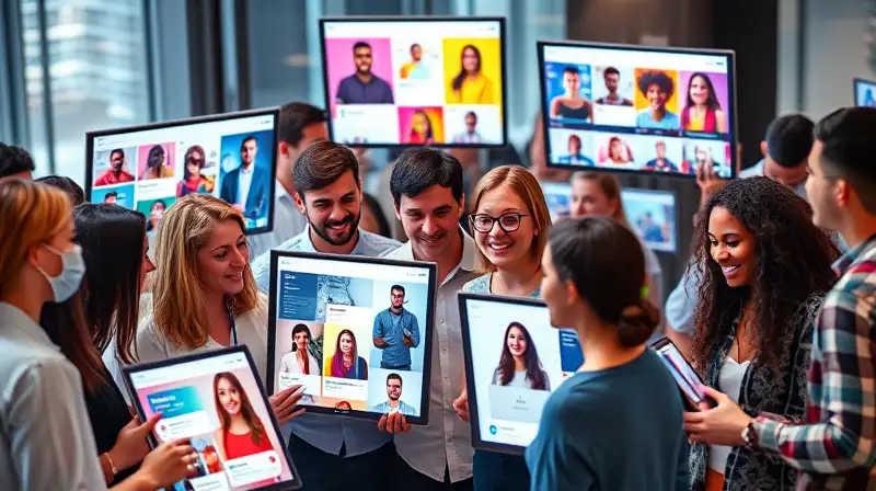 Personas diversas colaboran en interfaz digital vibrante