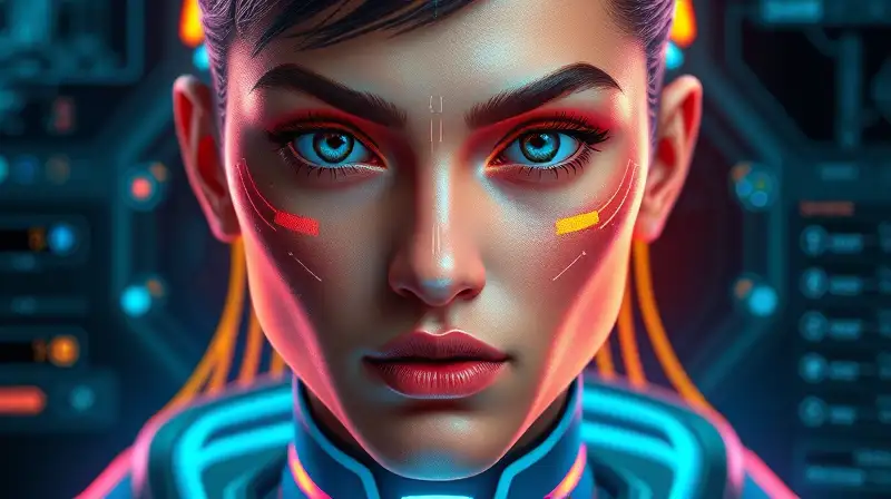 Personaje futurista con expresiones y neón