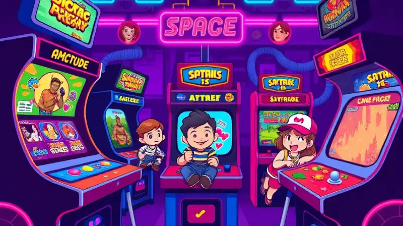 Pantallas arcade vibrantes con personajes diversos