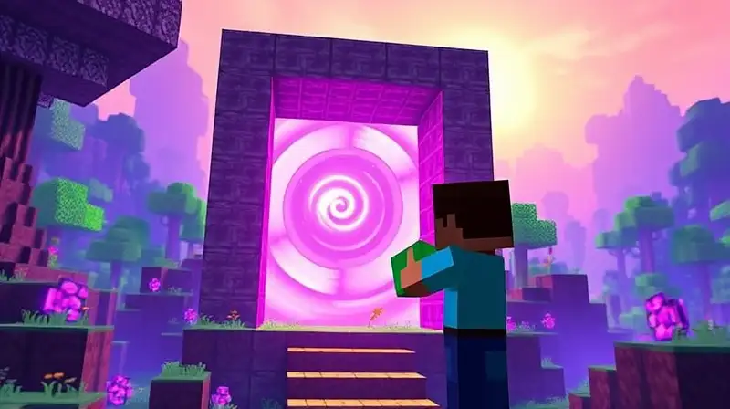 Portal de Minecraft brillante y jugador con llave