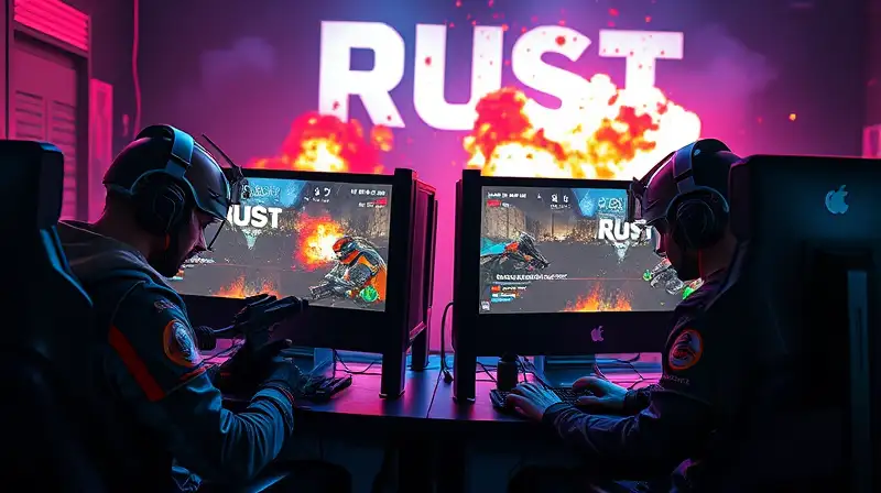 Dos gamers juegan Rust en ambiente futurista
