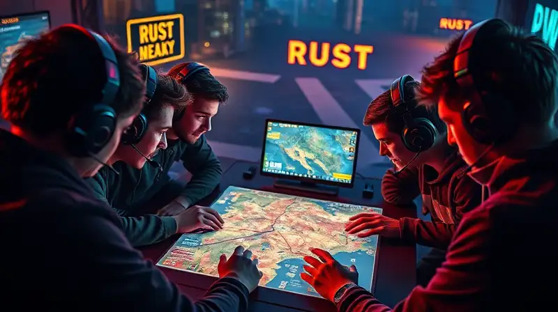 Equipo gamer coordinando estrategia en Rust