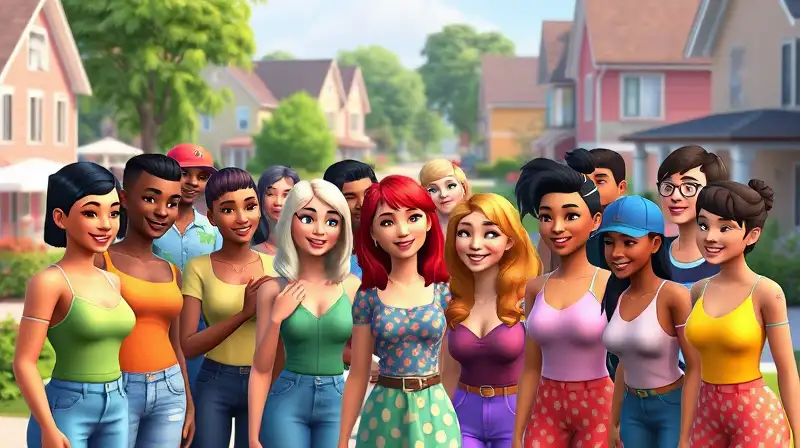 Personajes Sims diversos interactúan en vecindario colorido