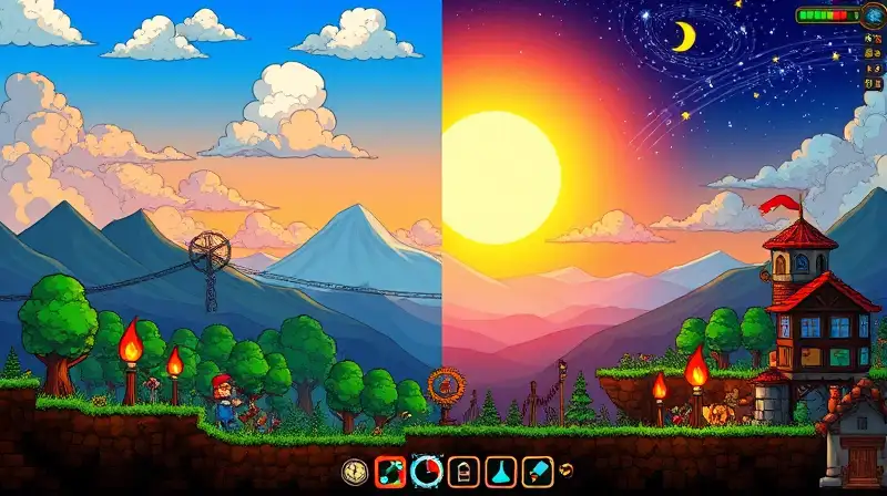 Paisaje Terraria colorido día y noche