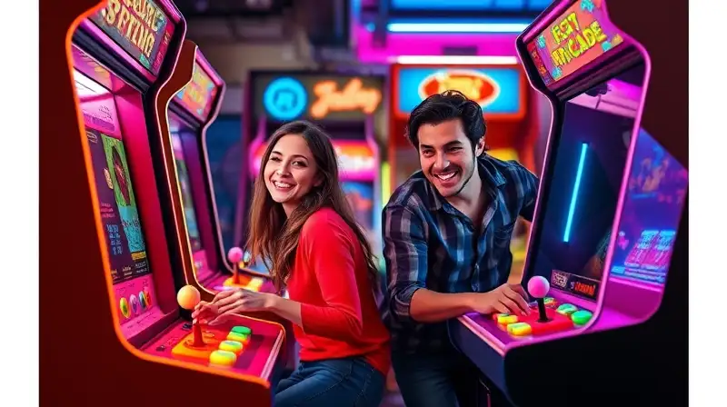 Dos amigos juegan arcade juntos felices