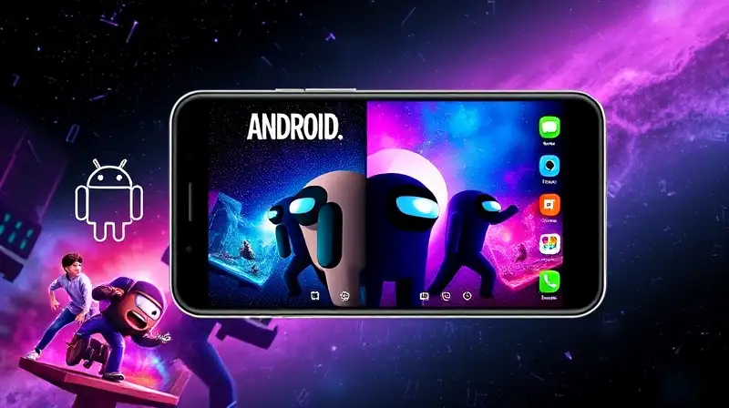 Pantalla dividida móvil con personajes y logos