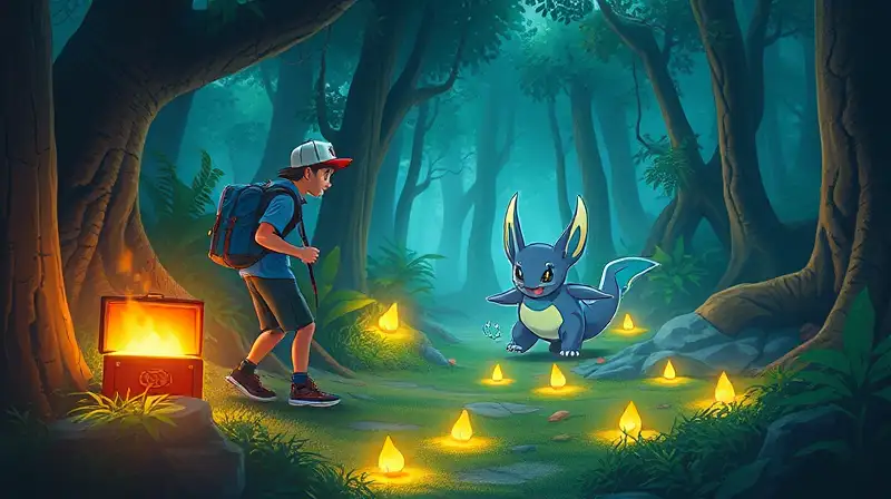 Entrenador busca Pokémon brillante en bosque