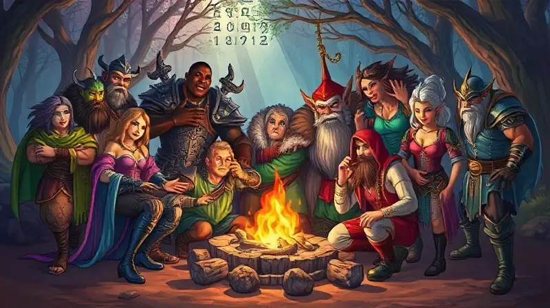 Personajes fantásticos reunidos junto al fuego
