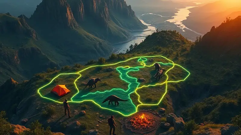 Jugadores acampan cerca de dinosaurios al amanecer