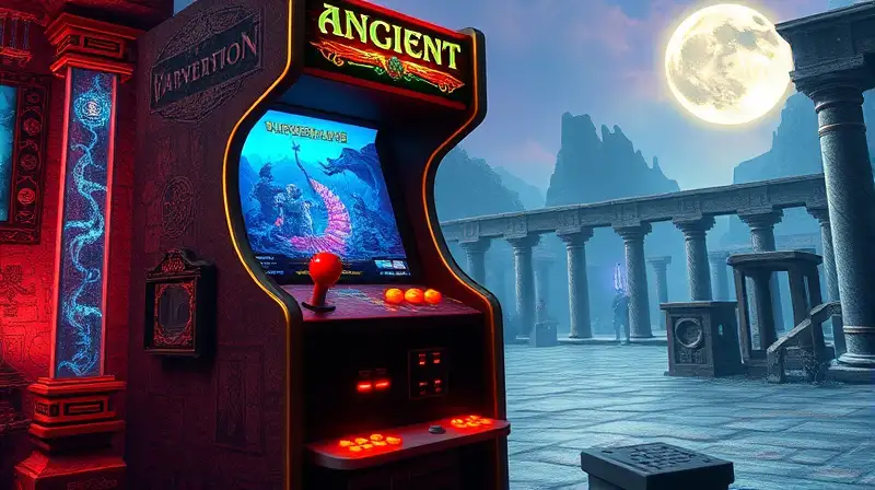 Arcade retro con guerreros y símbolos místicos