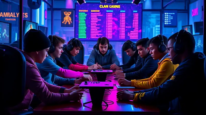 Clan gamer planifica estrategia en entorno cyberpunk