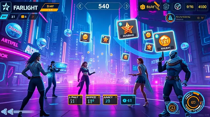 Escena futurista de Farlight 84 con recompensas