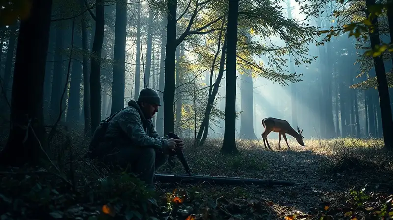 Cazador solitario observa ciervo en bosque