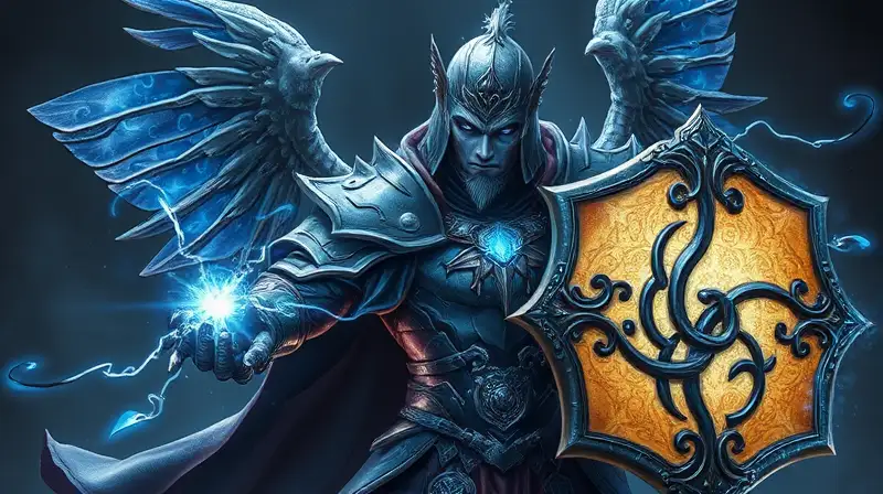 Mago en armadura mágica con escudo brillante