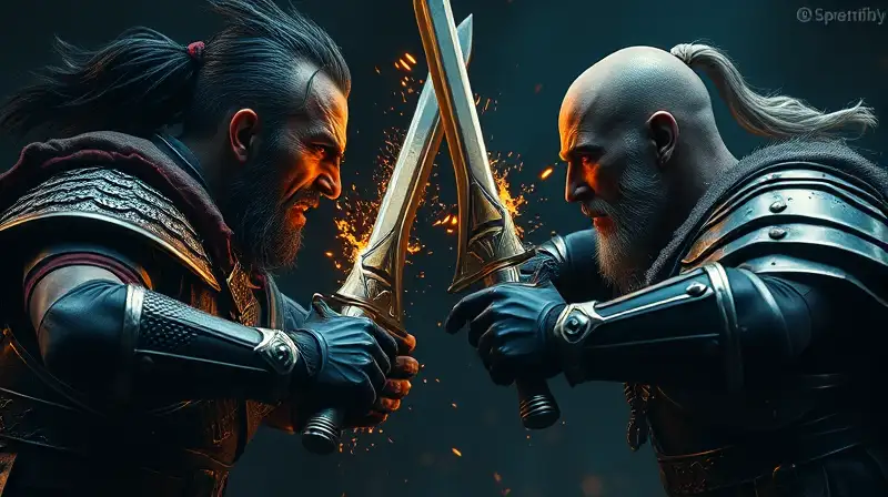 Dos guerreros duelando con armas brillantes