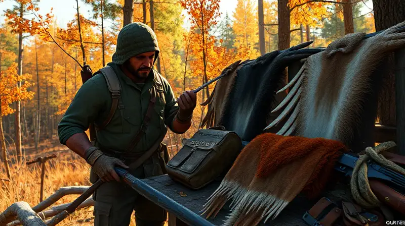 Personaje cazador en bosque otoñal rústico