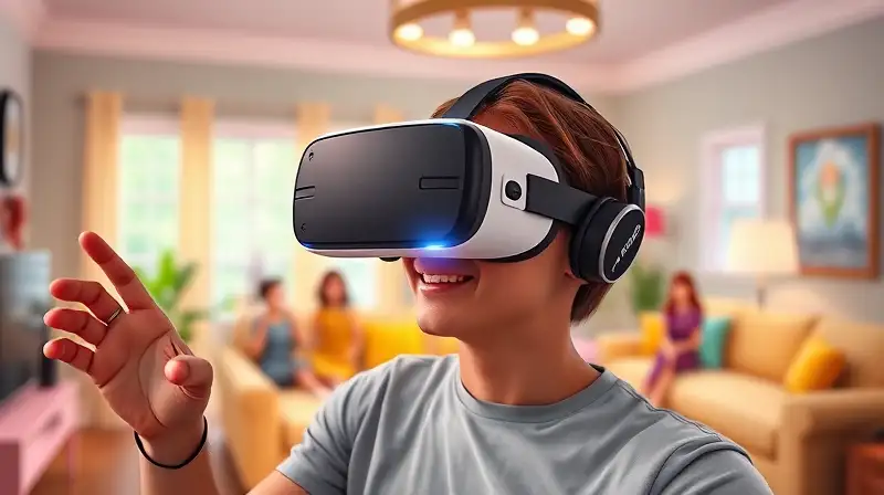 Persona con VR en casa Sims colorida