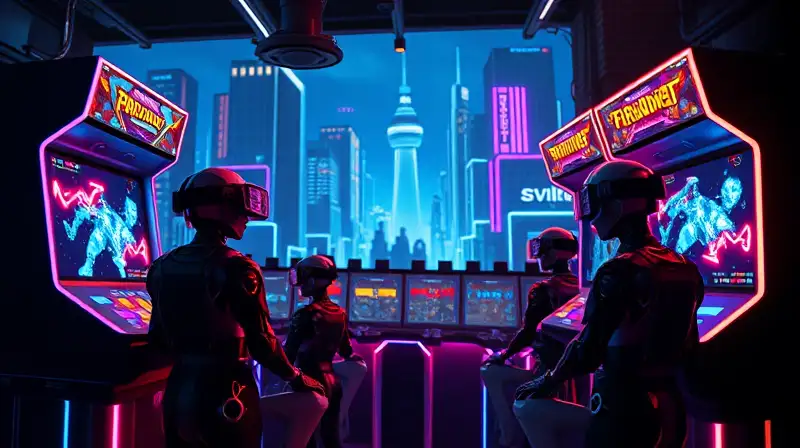 Arcade futurista neon con acción cibernética